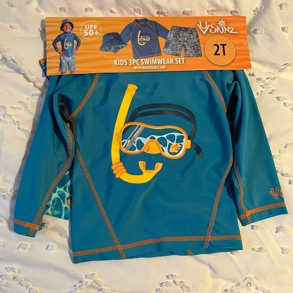 Kids 3PC Swimming Set with reversible Hat, UPF 50+ NWT Blue Summer Beach Pool
